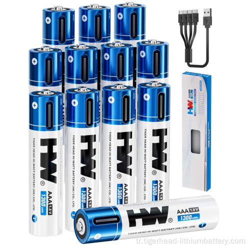 12PCS 1.5V AAA 1300mWh USB-C Şarj Edilebilir Lityum Pil
